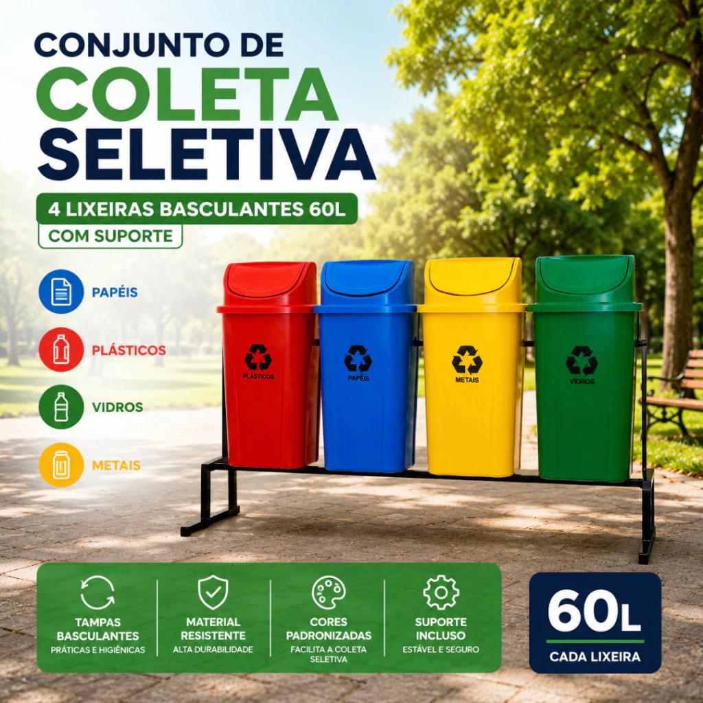 Conjunto de coleta seletiva com 4 lixeiras basculantes de 60L nas cores vermelha, azul, amarela e verde com suporte